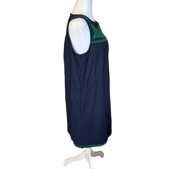 J Crew Factory Shift Dress Med Navy Blue Green Embroidered Linen Blend Pockets - Picture 5 of 12